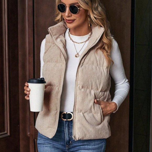 . Jackets & Blazers - Apricot Casual Womens Zip Up Hooded Vest Puffer Coat